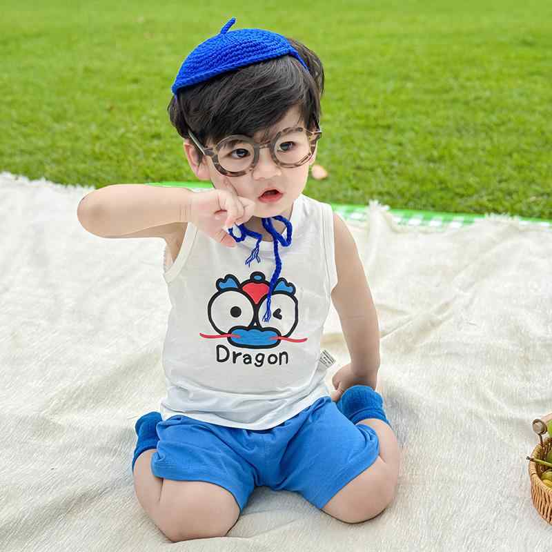 ベビー服 男の子 夏物 上下セット 薄手 軽量 袖なしTシャツ 半ズボン 綿100% 通気性 快適 普段着 部屋着 龍柄 赤ちゃん 乳幼児 幼児 1歳 2歳 3歳