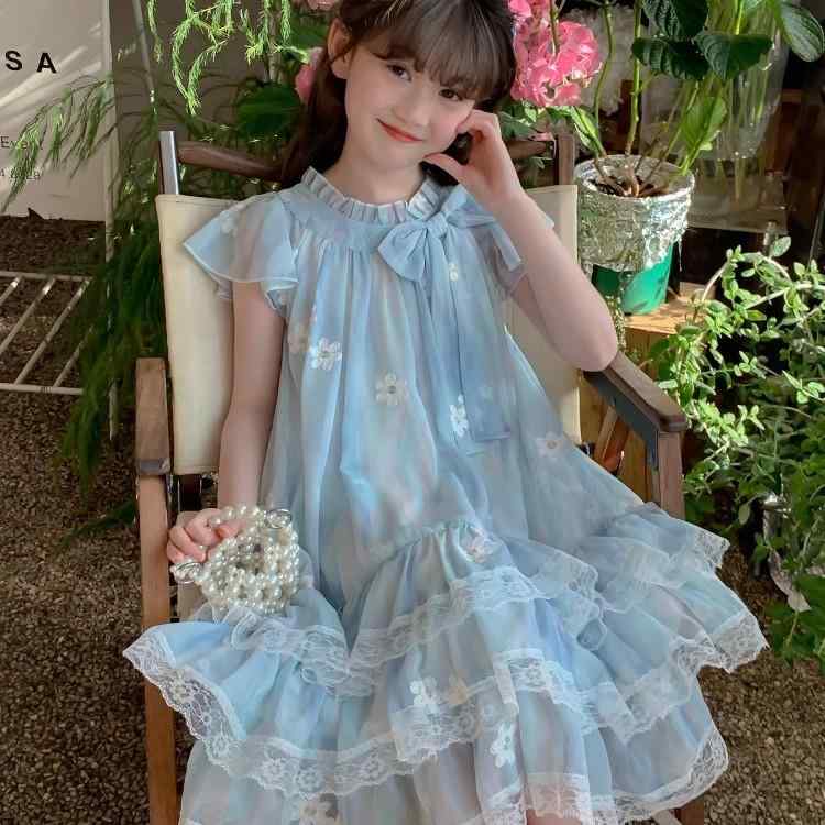 ワンピース 女の子 キッズ ジュニア 子供服 春夏 半袖 ひざ下丈 お姫様風ドレス 段々スカート 刺繍 小花柄 丸首 薄手 接触冷感 綿裏地 日常使い 普段使い 可愛らしい 女の子らしい スカイブルー ライトグリーン