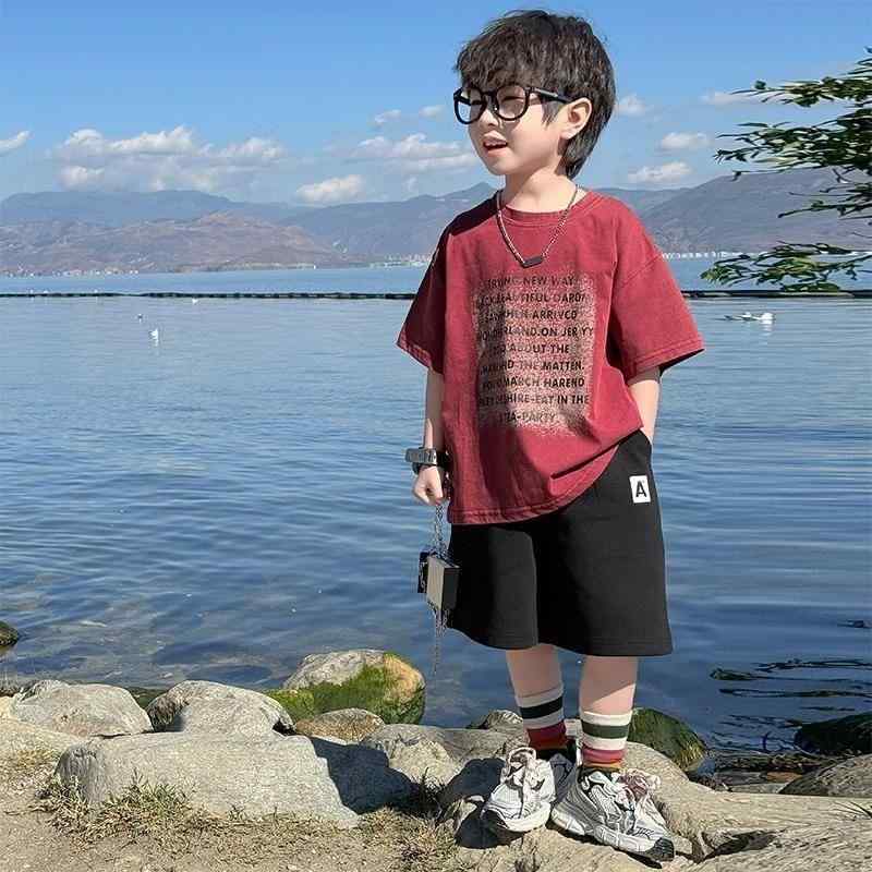 子供服 男の子 半袖Tシャツ ショートパンツ 上下セット 夏 綿 薄手 吸湿速乾 通気性 快適 カジュアル 街着 普段使い 部屋着 おしゃれ ワインレッド