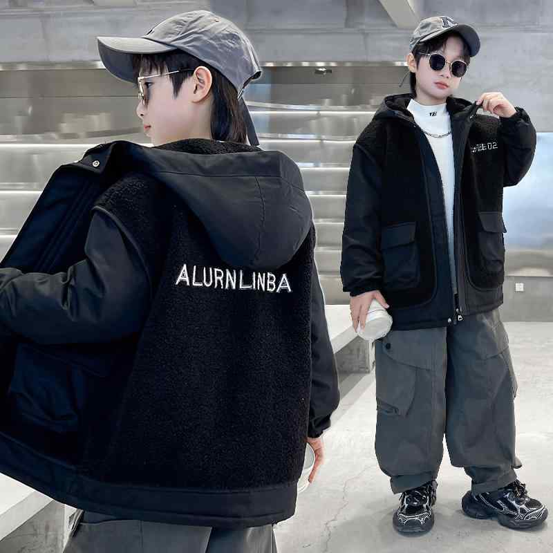 キッズ 男の子 ジャケット ボア フリース 中綿入り 厚手 肉厚 暖かい 防寒 フード付き ジップアップ 秋冬 ストリート 通学 普段着 ポリエステル ブラック グリーン