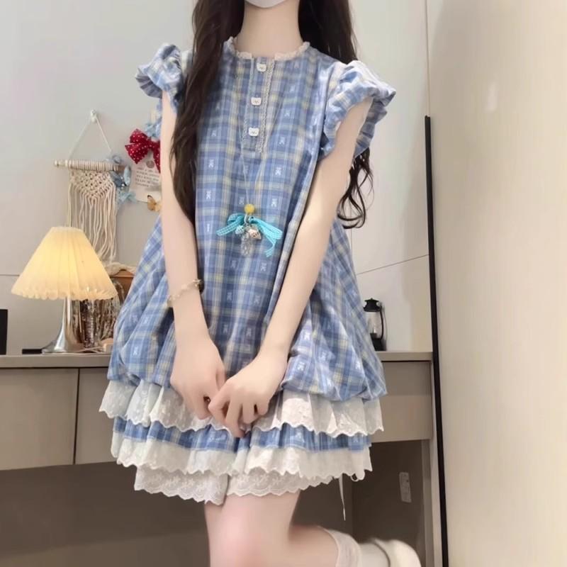 ワンピース 女の子 ガールズ 青 ブルー チェック柄 格子柄 上品なフランス風 パフスリーブ ショート丈 ミニ丈 Aライン フレア プリンセス風 春夏 夏服 普段使い お出かけ カジュアルスタイル