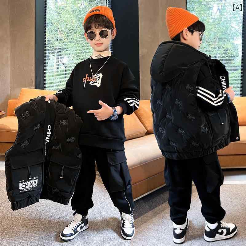 スウェット 男の子 キッズ 子供服 秋冬 裏起毛 厚手 暖かい 防寒 フード付き カジュアル 韓国風 セットアップ 上下セット 長袖 綿素材 無地 3点セット