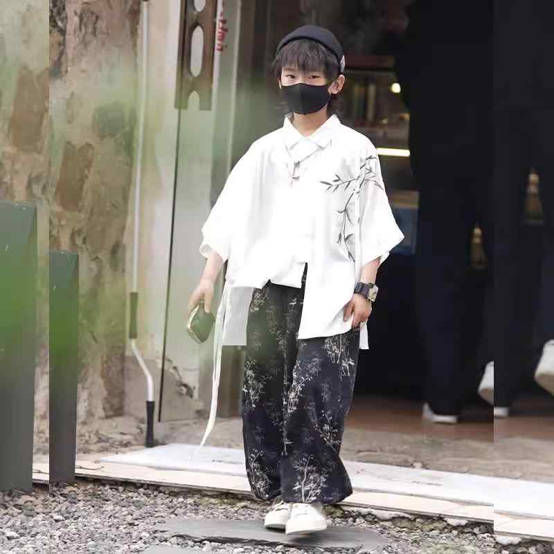 シャツ 男の子 キッズ 子供服 ジュニア 春夏 セットアップ 上下セット 中華風 民族風 中華モダン おしゃれ かっこいい 薄手 通気性 半袖 パンツ 普段使い 白