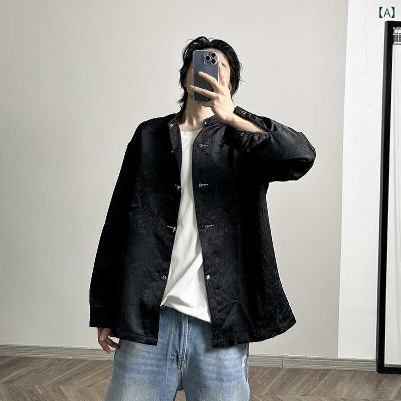 アウター メンズ カジュアル おしゃれ 秋 チャイナ風 ダーク 柄 刺繍 トレンド ファッション 長袖 シャツ ドレープ シャツ ジャケット