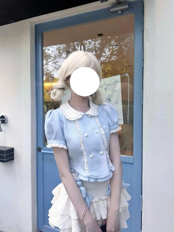 セットアップ レディース かわいい 日系 少女 萌え系 パフスリーブ 半袖 ポロ襟 ブラウス ティアードスカート 普段使い お出かけ 春夏