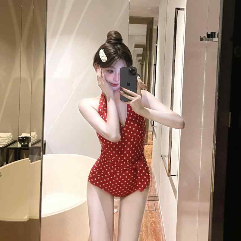 水着 レディース レトロ ドット柄 セクシー ホルターネック 背中開き 結び紐付き ワンピース パッド入り ノンワイヤー Vネック 三角デザイン リゾート ビーチウェア