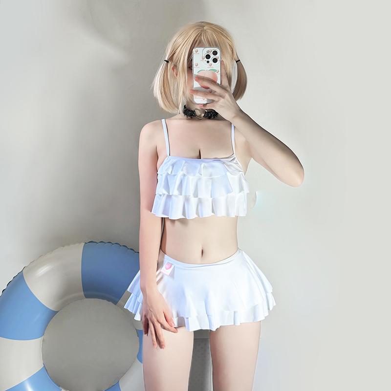 水着 レディース セパレート かわいい ロリータ アニメ 二次元 和テイスト セクシー 小胸向け 体型カバー お腹 オフショルダー ホワイト ナイロン カップ付き ワイヤーなし 夏物