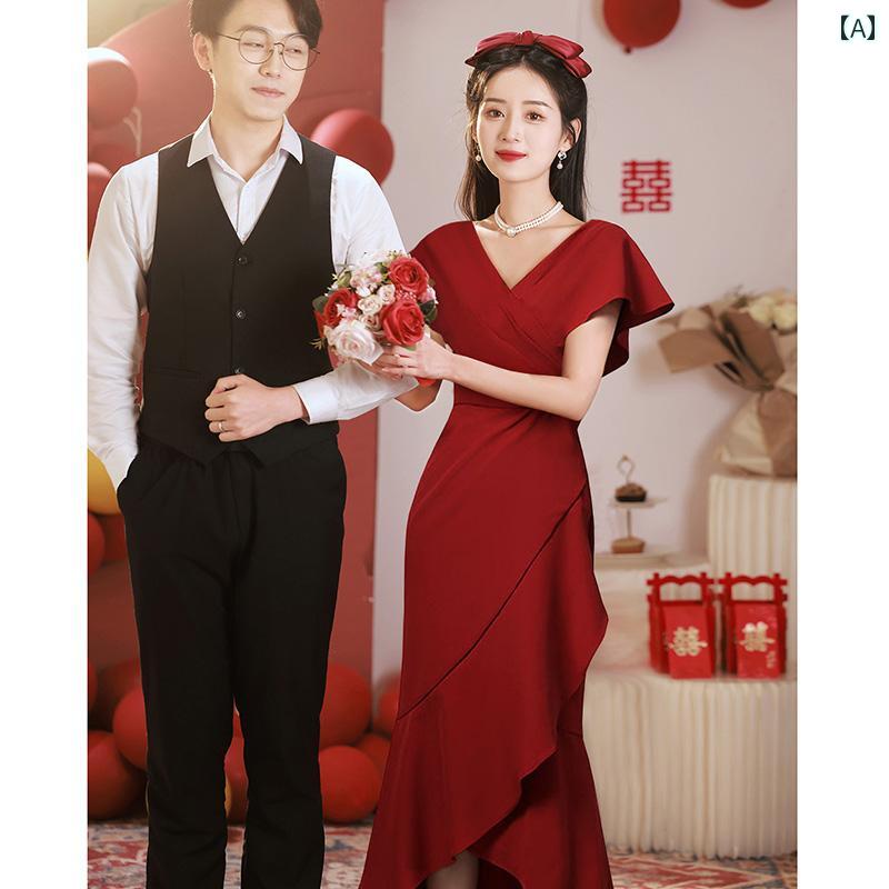 ロングドレス レディース 花嫁 披露宴 お色直し 結婚式 二次会 パーティー 宴会 春夏 Vネック フリル袖 ワインレッド ボルドー 高級感 エレガント 気品あふれる 新中華風 花モチーフ
