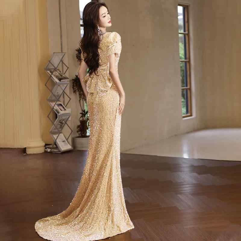 ワンピース シャンパンカラー イブニングドレス フォーマルドレス 高級感 上品な華やかさ 個性的 結婚式 成人式 発表会 宴会 パーティー エレガント 上品 スパンコール マーメイドドレス｜おうち健康生活