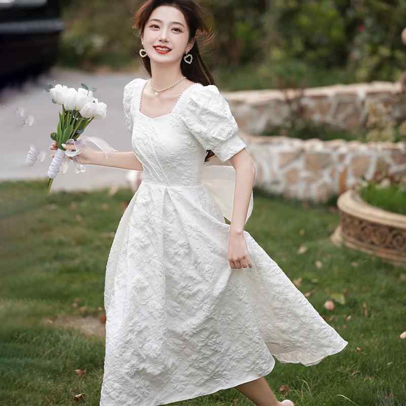 ワンピース レディース 白 無地 半袖 ハイウエスト フレンチスタイル フォーマル カジュアル 結婚式 披露宴 二次会 婚約式 カジュアルウェディングドレス パーティードレス デート 普段使い フェミニン ミモレ丈 ロング丈