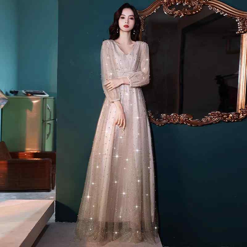 パーティードレス レディース 大きいサイズ 高級感 ロング丈 Vネック パールビーズ装飾 結婚式 二次会 披露宴 謝恩会 発表会 演奏会 司会 舞台衣装 忘年会 着痩せ効果 エレガント ポリエステル 春夏