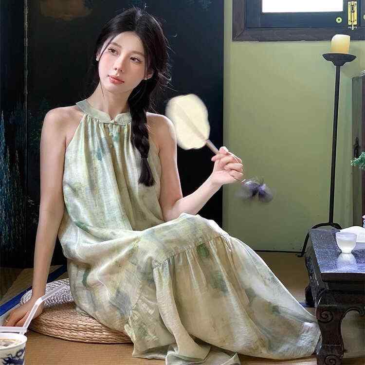 ワンピース レディース ホルターネック ノースリーブ ロング丈 中華モダン チャイナドレス風 Aライン フレア 水郷風景プリント ライトグリーン 春夏 お出かけ リゾート 落ち着いた雰囲気 ゆったり