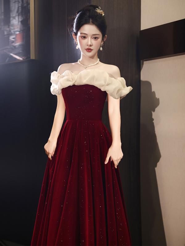 ドレス レディース 花嫁 ウェディング ブライダル 結婚式 披露宴 フォーマル イブニング パーティー 婚約 宴会 高級感 ロング丈 オフショルダー 長袖 リボン 花 ミドルウエスト 無地 ワインレッド ブラック 春夏