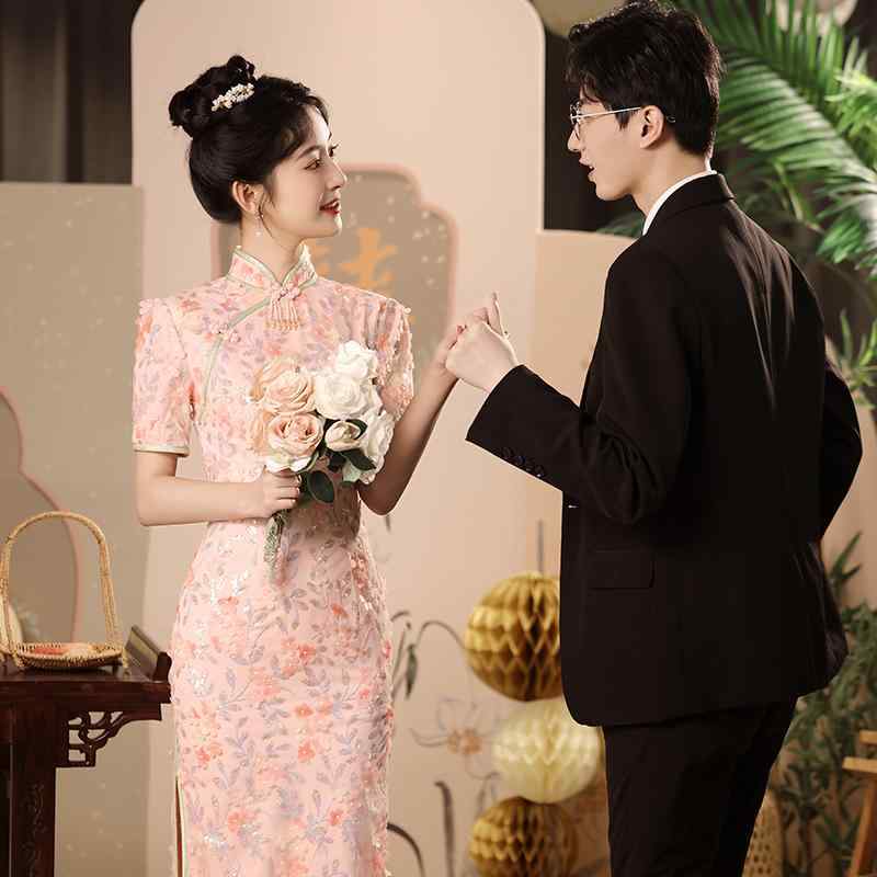 ワンピース レディース ピンク チャイナドレス 披露宴 パーティードレス 宴会 結婚式 ウェディング 小柄 花嫁 細見え 高級感 細身 立ち襟 半袖 春夏