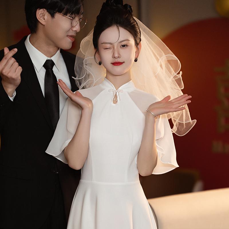 ワンピース レディース 婚姻届 手続き用 ウェディングドレス 低身長向け 軽やか カジュアル デイリー 白 高級感 レトロ 半袖 ひざ下丈 細身 結婚式 パーティー デート 二次会 春夏