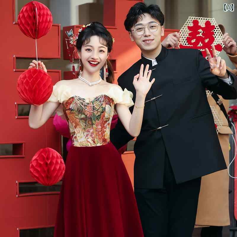 ロングドレス 結婚式 披露宴 花嫁 婚礼 婚約式 フォーマル パーティースタイル 赤 レッド ワインレッド 小柄 低身長向け 高級感 優雅 上品 秋冬