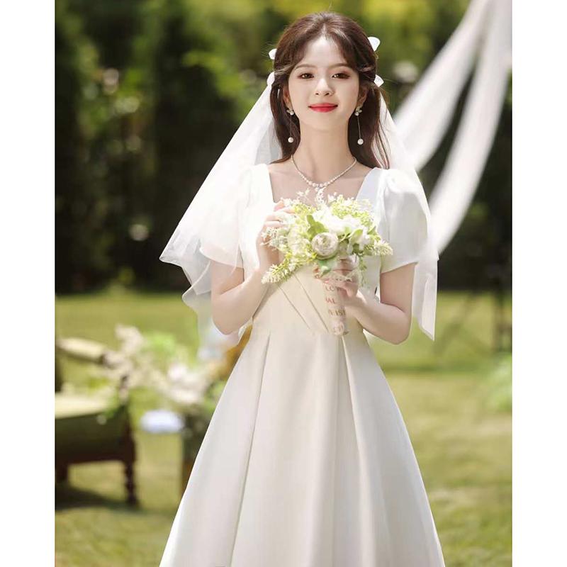 ワンピース レディース フレンチ ホワイト ウェディングドレス 高級感 エレガント 結婚式 入籍 パーティ お呼ばれ 披露宴 二次会 普段使い Aライン 半袖 ミモレ丈 スクエアネック カジュアルドレス 春夏