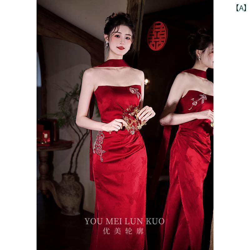 ロングドレス レディース 新中国風 チャイナドレス風 結婚式 花嫁 披露宴 二次会 パーティー イブニングドレス 赤 ワインレッド 春夏 袖なし 細身 刺繍 標準的なウエスト 高級感 上品 ポリエステル｜おうち健康生活