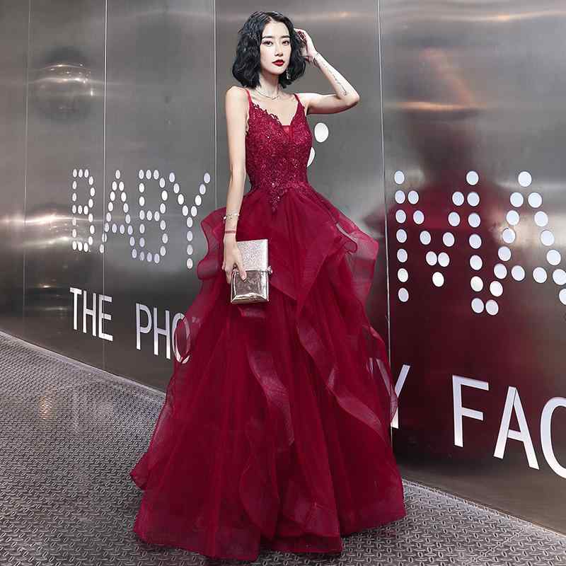 ドレス レディース 結婚式 披露宴 二次会 パーティー イブニングドレス ロング丈 ワインレッド キャミソール たっぷりとしたフレア 上品 高級感 優雅 刺繍 秋冬