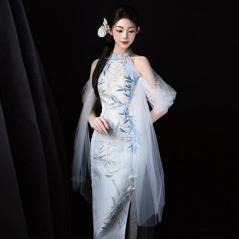 御召しもの レディース 中国風 型 ホルターネック ロング丈 ノースリーブ か細い 花柄 華燭の典 交歓会 寄り合い 有りがたさ会 掻き鳴らす会 雅びやか 自己同一性的 ポリエステル 夏