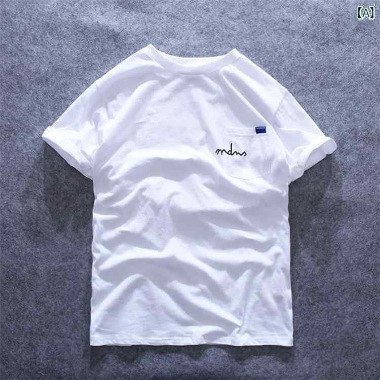 メンズ トップス カジュアル ファッション おしゃれ トレンド ポケット プリント レター 半袖 Tシャツ トレンド シンプル 無地 ボトム シャツ