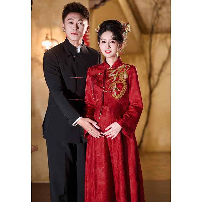 チャイナドレス 妊婦服 女性用 大きいサイズ 現代的なチャイナ風 刺・墸 結婚式 披露宴 結納 正装 体型カバー お腹カバー ゆったり 長めの丈 ワインレッド 赤 秋冬