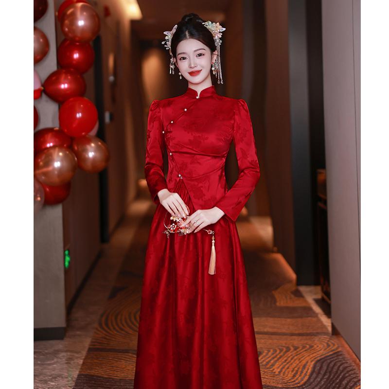ドレス レディース 花嫁 中国風ドレス ロング 長袖 ハイネック パール装飾 ワインレッド レトロ エレガント 上品 フォーマルドレス パーティードレス 結婚式 披露宴 二次会 演奏会 発表会 お呼ばれ 秋冬