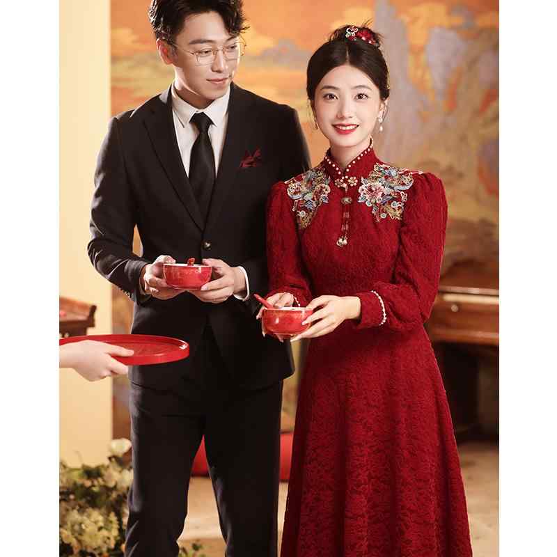 ドレス レディース 結婚式 披露宴 婚約式 結納 二次会 お呼ばれ 新婦 花嫁 ワインレッド ボルドー レース 長袖 東洋の趣がある 冬 秋冬 セミフォーマル ミディ丈 Aライン ワンピース｜おうち健康生活