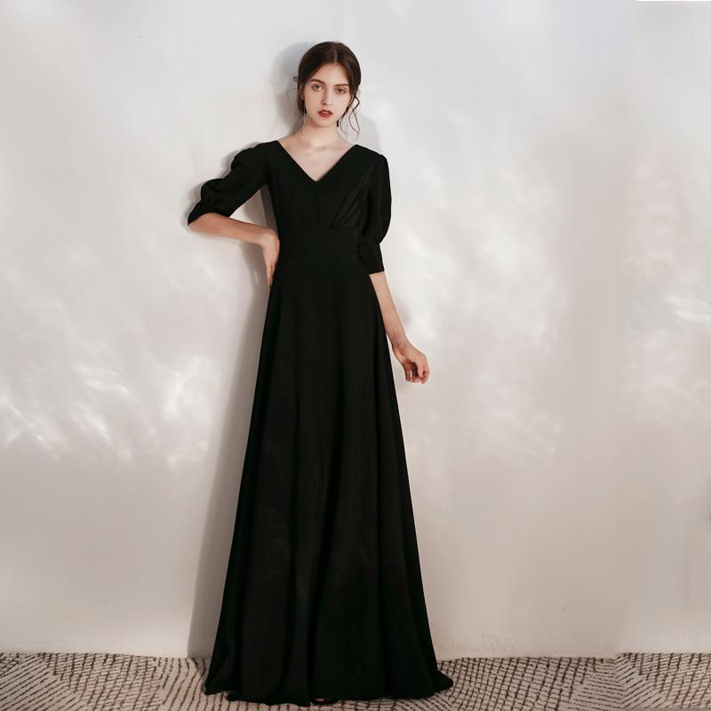 ドレス レディース ブラック ロング丈 パーティー 演奏会 発表会 上品な 謝恩会 結婚式 成人式 深Vネック 五分袖 礼服 Aライン 舞台衣装 式典