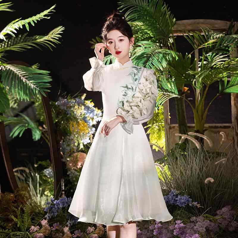 チャイナドレス レディース 現代中国風 礼服 レトロ風 長袖 ミモレ丈 パーティー 宴会 結婚式 発表会 卒業式 成人式 フォーマル ポリエステル 春夏