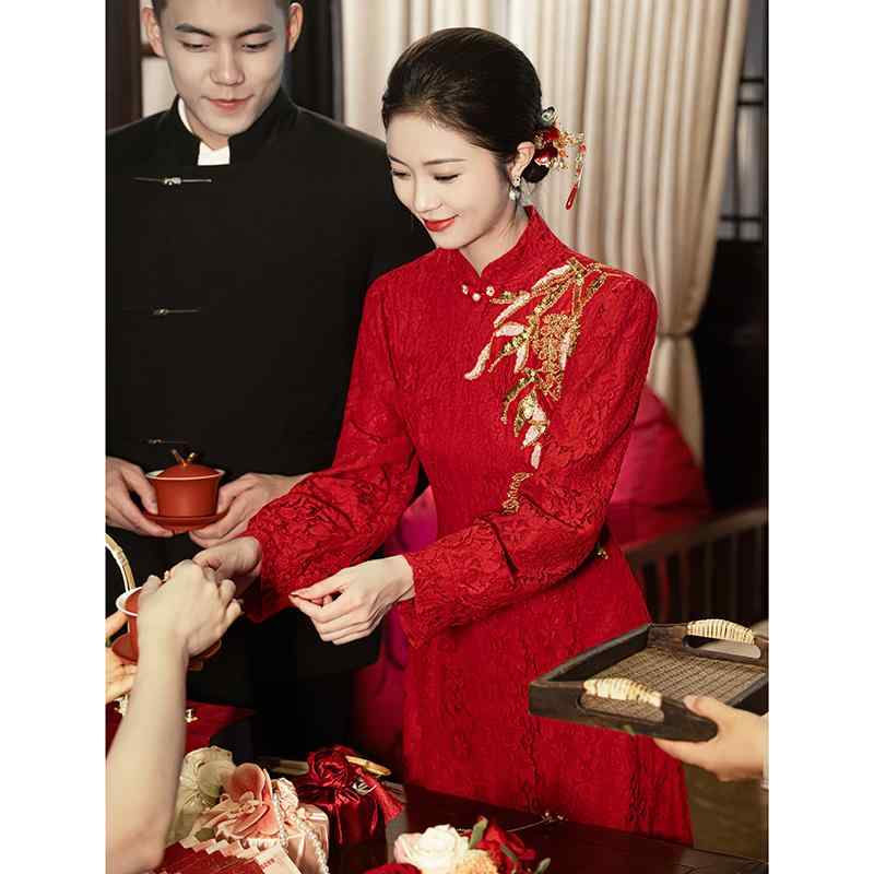 チャイナドレス レディース ワインレッド 長袖 秋冬 結婚式 披露宴 婚約 フォーマルドレス パーティードレス モダンチャイニーズスタイル ロング丈 スリムフィット ポリエステル素材