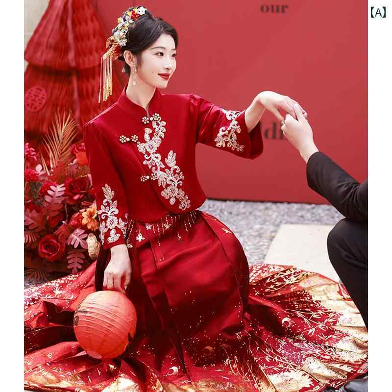 チャイナドレス レディース ワインレッド 中国伝統の上下セット 婚礼衣装 結婚式 披露宴 お色直しドレス 花嫁 新婦 婚約 高級感 ロング丈 長袖 ポリエステル 春夏