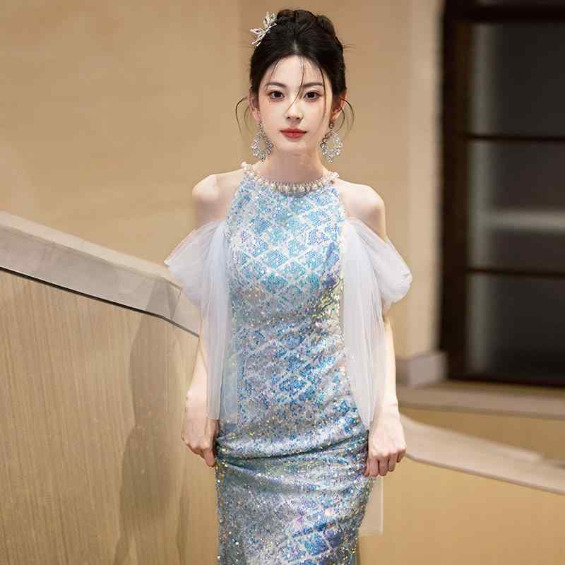 ドレス レディース イブニングドレス マーメイドライン スパンコール ロング丈 エレガント 高級感 スタイルアップ パーティー 結婚式 二次会 発表会 演奏会 謝恩会 宴会 秋冬
