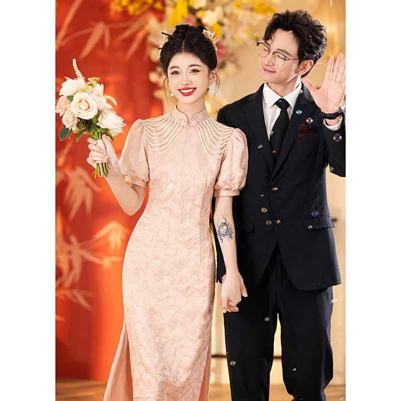 中国風ワンピース レディース ピンク 現代中国風 結婚式 披露宴 二次会 パーティー 花嫁ドレス 普段使い カジュアル パフスリーブ 立ち襟 Aライン ミディ丈 真珠飾り ポリエステル 秋冬｜おうち健康生活