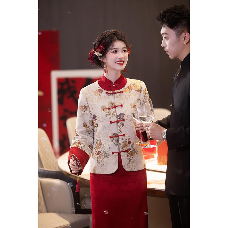 礼服 レディース 華燭の典 花嫁御寮 交歓会 有りがたさ会 フォーマル 中国風 セットアップ 今めかしい レトロ 照明ランプ色つや ロング丈 長袖 秋冬 ブドウ酒赤いこと ポリエステル 伸縮性