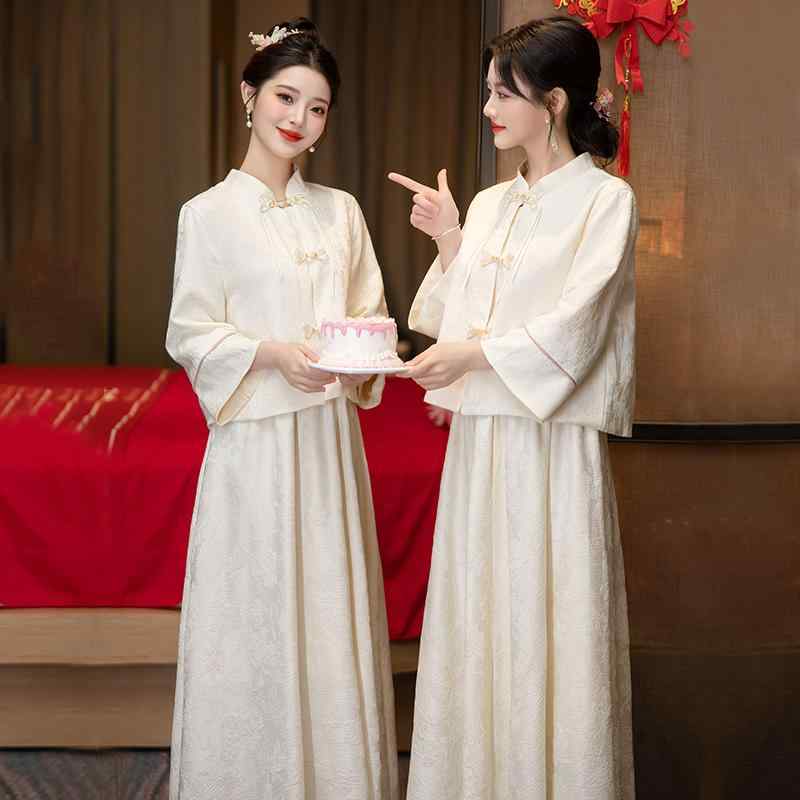 ドレス レディース 花嫁付添人 フォーマルドレス ロング丈 九分袖 スタンドカラー 新中華風 レトロ 高級感 シャンパンカラー 結婚式 お呼ばれ 披露宴 パーティー 普段使い 大きいサイズ ポリエステル|おうち健康生活