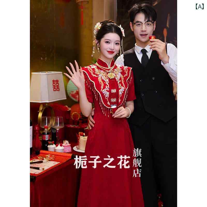 チャイナドレス 女性用 深紅色 花嫁 新中国風 披露宴 結婚式 婚約 二次会 パーティー 正装 春夏 ワンピース 懐古調 立ち襟 半袖 丈の長い 細身 成人式 発表会|おうち健康生活