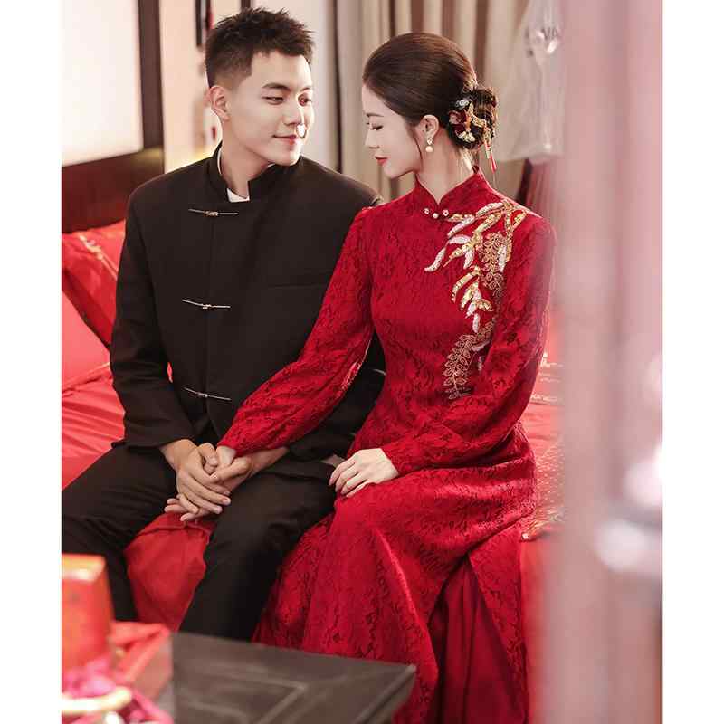 お召しもの レディース 婚礼の儀 交歓会 婚礼の儀 寄りあい お嫁さん 二次会 有りがたさ会 フォーマル 雅びやか 瀬戸ものお召しものの今日このごろ的な中国風考える衣裳 長袖 スピード競技 照明ランプ色つや ロング丈 マキシ丈 か細い ポリエステル ブドウ酒赤いこと 赤 秋冬