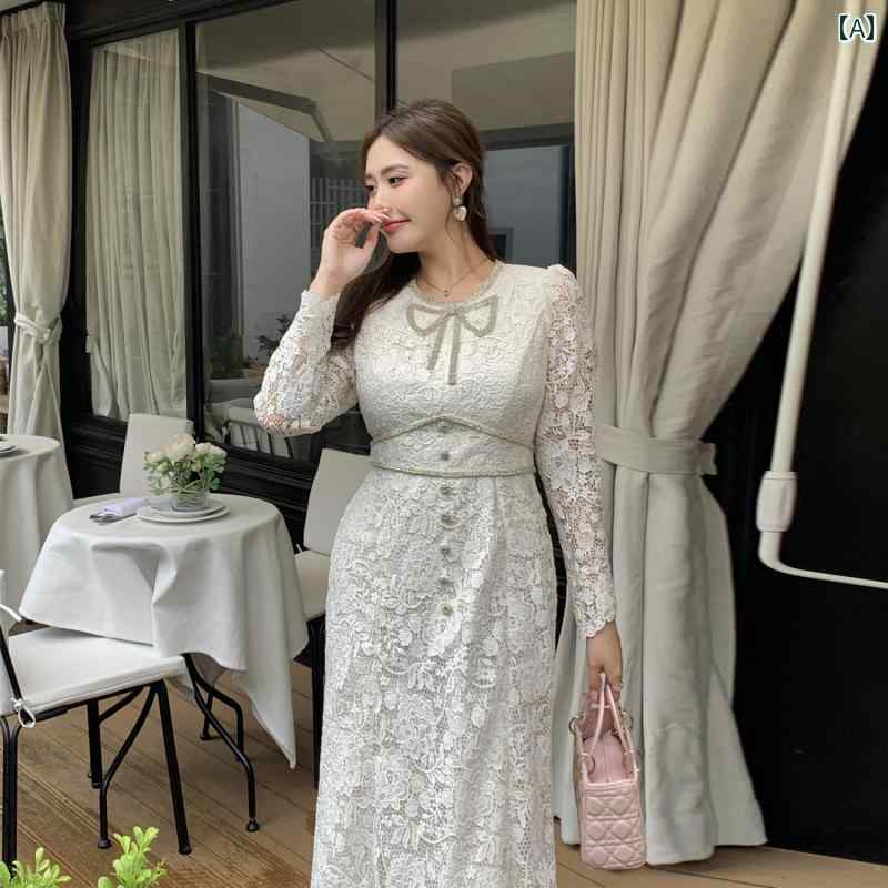 大きめサイズ レディース おしゃれ ファッション 婦人服 レングス リボン ラウンドネック フラワー レース ドレス