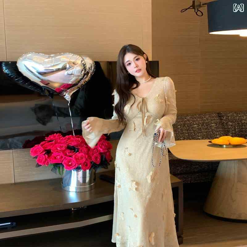 大きめサイズ レディース おしゃれ ファッション 婦人服 荘 盛 暁 蒙 刺繍 蝶 Vネック 長袖 ウエスト スリム 起毛 ドレス｜おうち健康生活