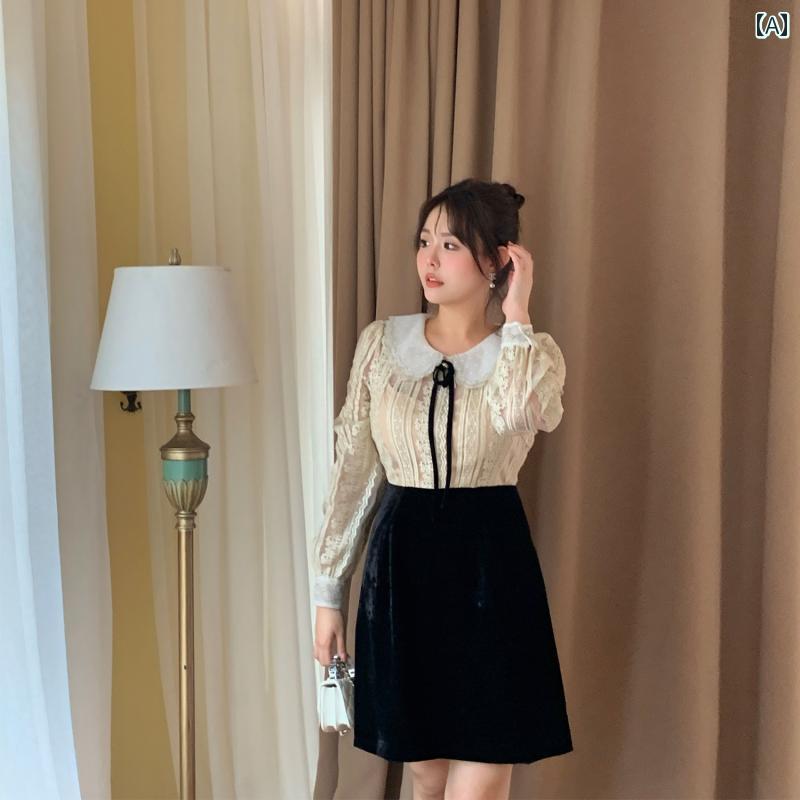 大きめサイズ レディース おしゃれ ファッション 婦人服 娘 シャンパン レース ステッチ 起毛 リボン ドール カラー ドレス