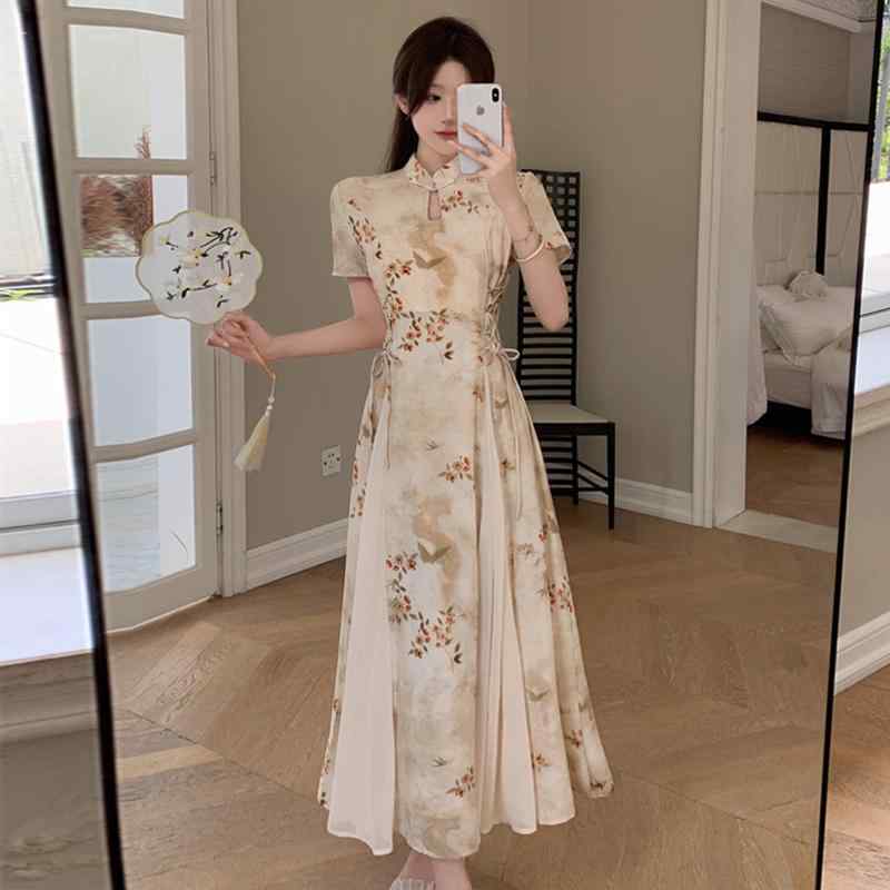 ワンピース レディース 大きいサイズ 型チャイナドレス 花柄 夏 薄手 シフォン 半袖 ロング丈 Aライン スタンドカラー ハイウエスト 着痩せ 体型カバー 上品 エレガント｜おうち健康生活