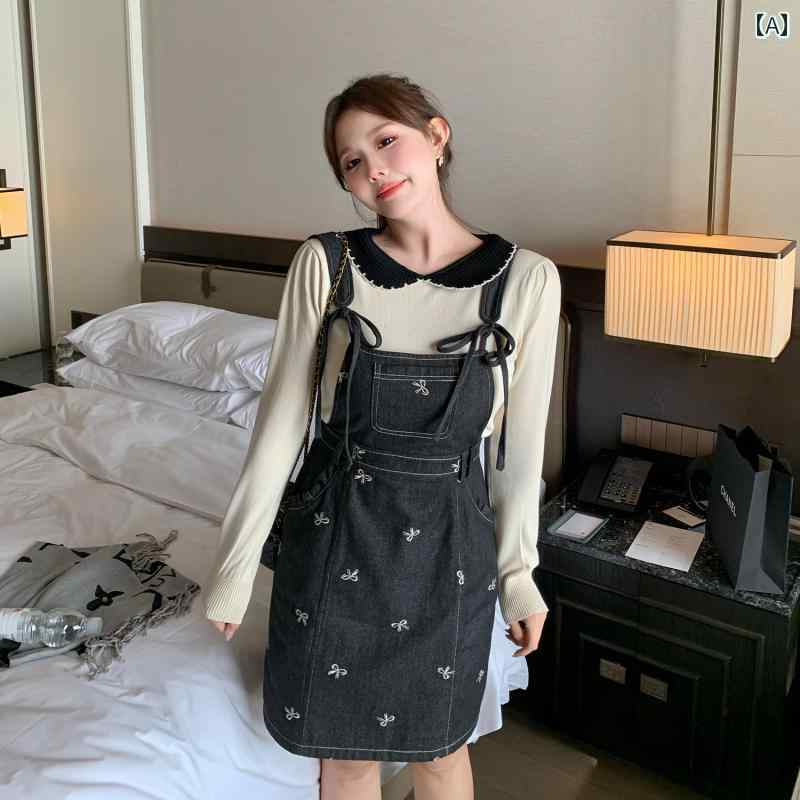 大きめ大きさ レディース 今めかしい 流行り物 成人女性服 お人形さん 色つや 編み物 長袖 トップス 同盟罷業一回り ジーンズ 刺しゅう 肩吊りひも スコート