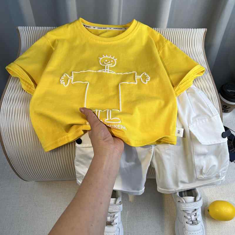 半袖 Tシャツ 短パン 上下セット 男の子 キッズ ベビー 子供服 綿 コットン 薄手 通気性 普段着 部屋着 春夏 おしゃれ かっこいい 韓国 イエロー グリーン