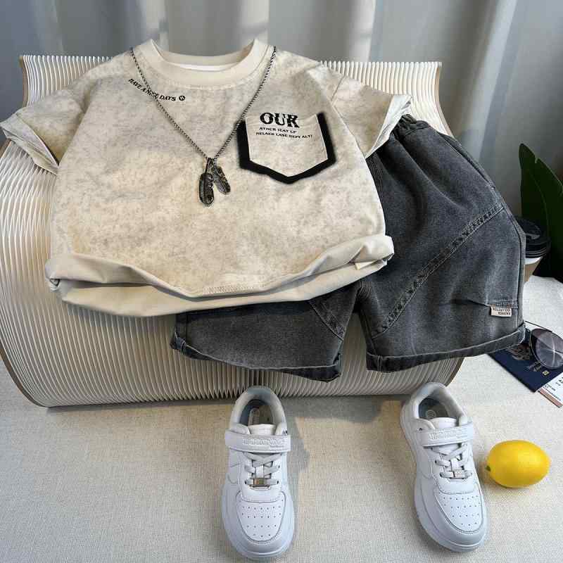 キッズ 男の子 セットアップ 韓国 半袖Tシャツ ショートパンツ 春夏 コットン 綿混 薄手 接触冷感 通気性 軽量 カジュアル ストリート 英字プリント
