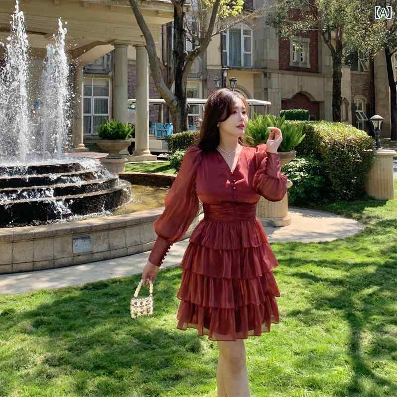 大きめ大きさ レディース 今めかしい 流行り物 お上さん服 サン仕掛ける サクラ色 フレンチ お召しもの 西洋菓子 スコート Vのど首 パフ 捩り お召しもの