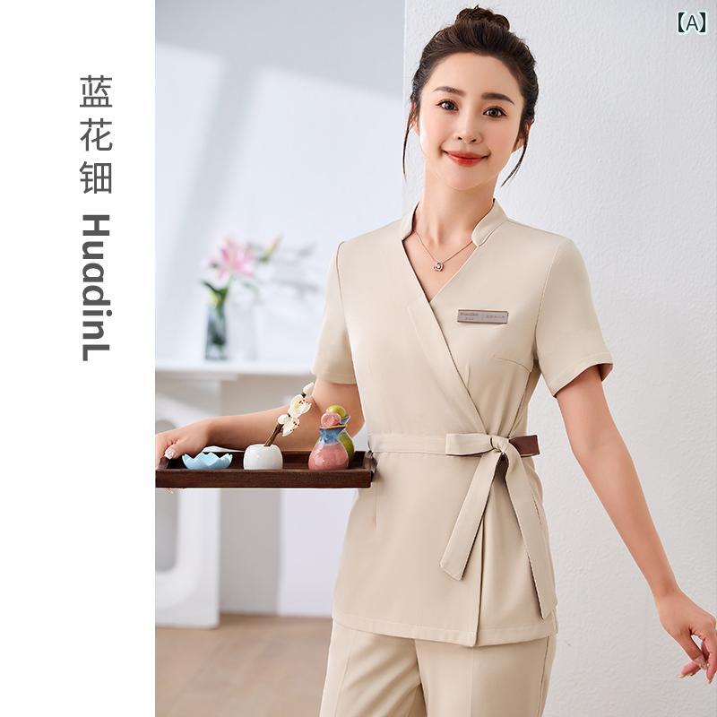 制服 レディース 春夏 美容師 エステティシャン 施術者 美容室 サロン スパ フットスパ リラクゼーション ワークウェア 半袖 上下セット パンツスタイル 高級感 エレガント