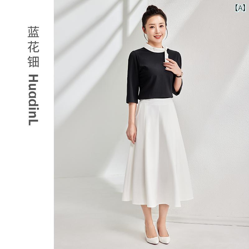 ユニフォーム レディース 美容師 エステティシャン ネイル サロン スパ 制服 セットアップ 上下セット 高級感 上品 エレガント ポリエステル 七分袖 半袖 ロングスカート スカートパンツ ワイドパンツ 黒 白