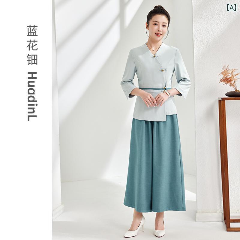 ユニフォーム レディース 美容院 エステサロン スパ タイ式 エレガント 美容師 施術者 制服 上下セット 七分袖 春夏 高級感 ポリエステル スモッグブルー アプリコット 8,200円