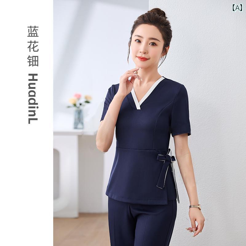 制服 女性用 美容師 スパ エステ サロン フットケア セラピスト 上品 業務用 セットアップ 半袖 七分袖 長ズボン ポリエステル 伸縮素材 ネイビー ホワイト 春夏|おうち健康生活